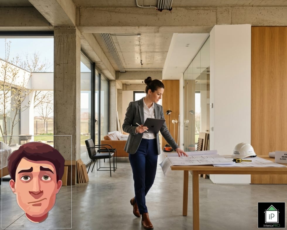 project manager pentru amenajare verificând planurile de design interior pe șantier