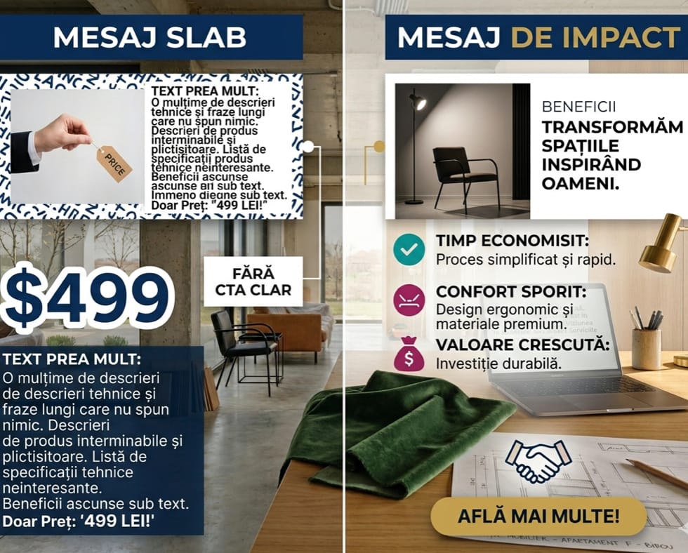 Comparație între mesaje promoționale bune pentru mobilier și mesaje ineficiente