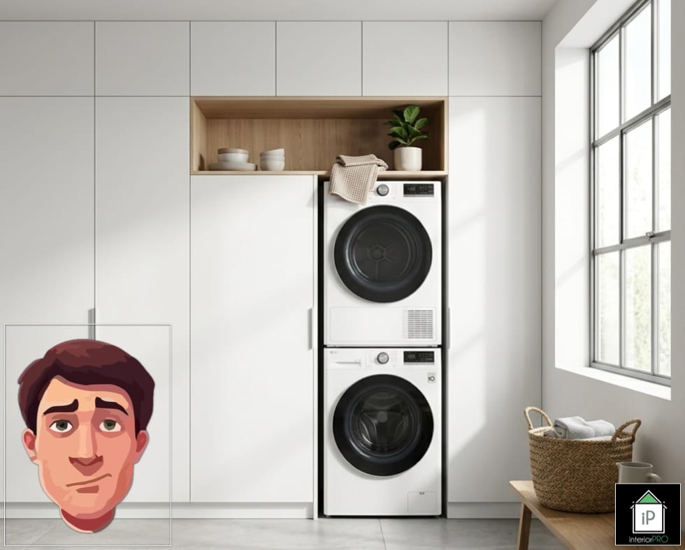Mobilier Spălătorie Modular cu Spațiu Mașină de Spălat și Depozitare design minimalist alb