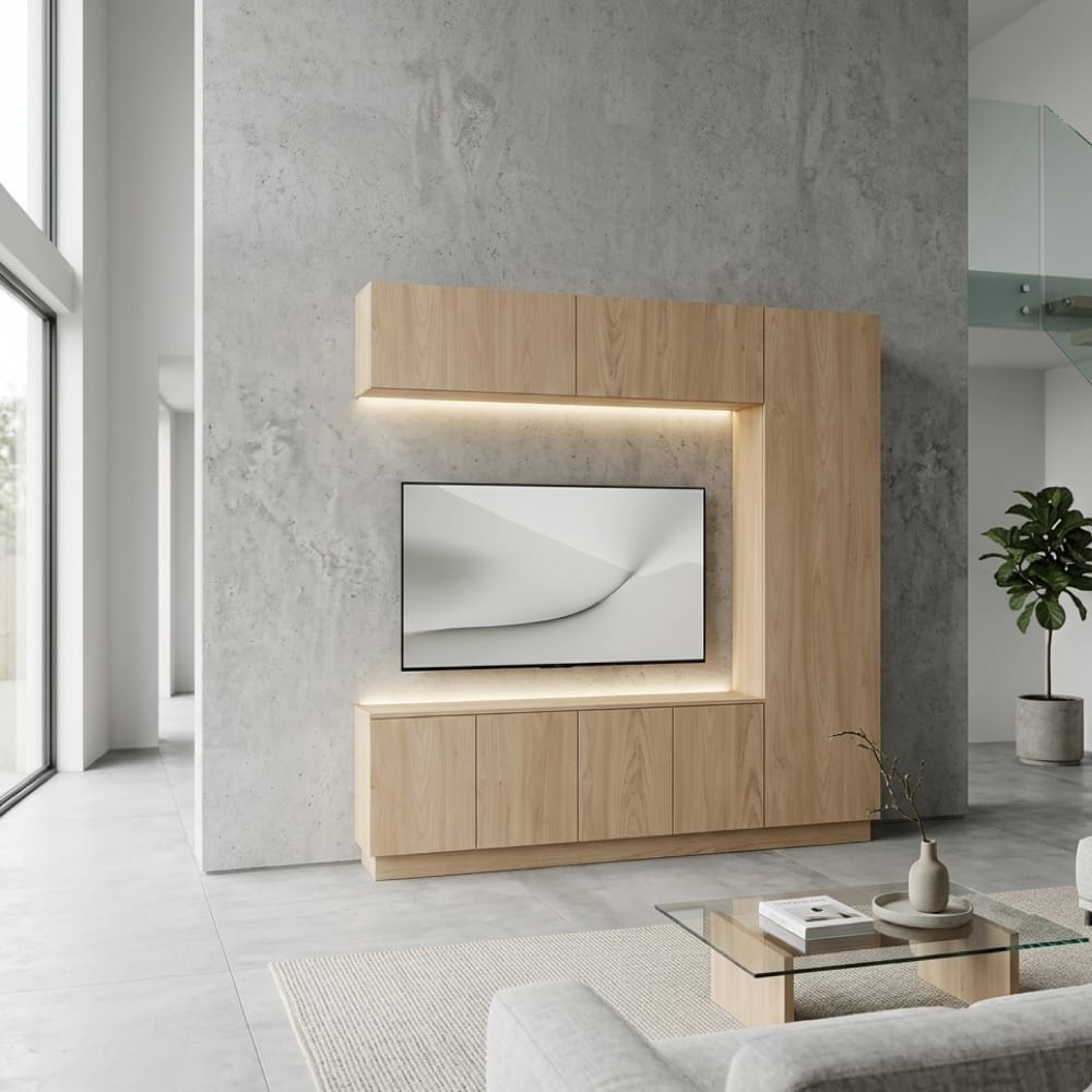 Amenajare living modern cu un corp tv modular minimalist suspendat